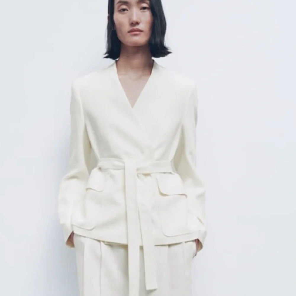 Zara nwt linen jacket blazer casual with waist tie belt - Picture 12 of 14